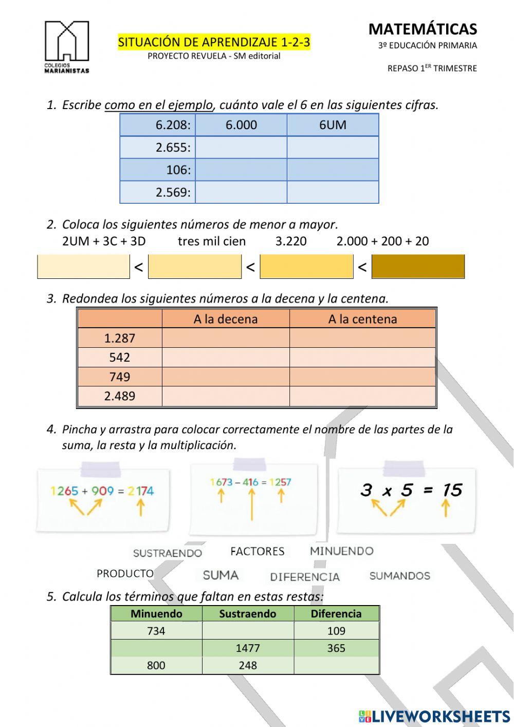 Repaso MATEMÁTICAS - 1er trimestre - Situación de aprendizaje 1-2-3