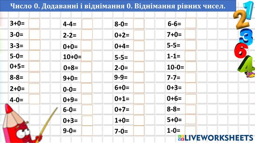 Число 0. Додавання і віднімання числа 0. Віднімання рівних чисел.