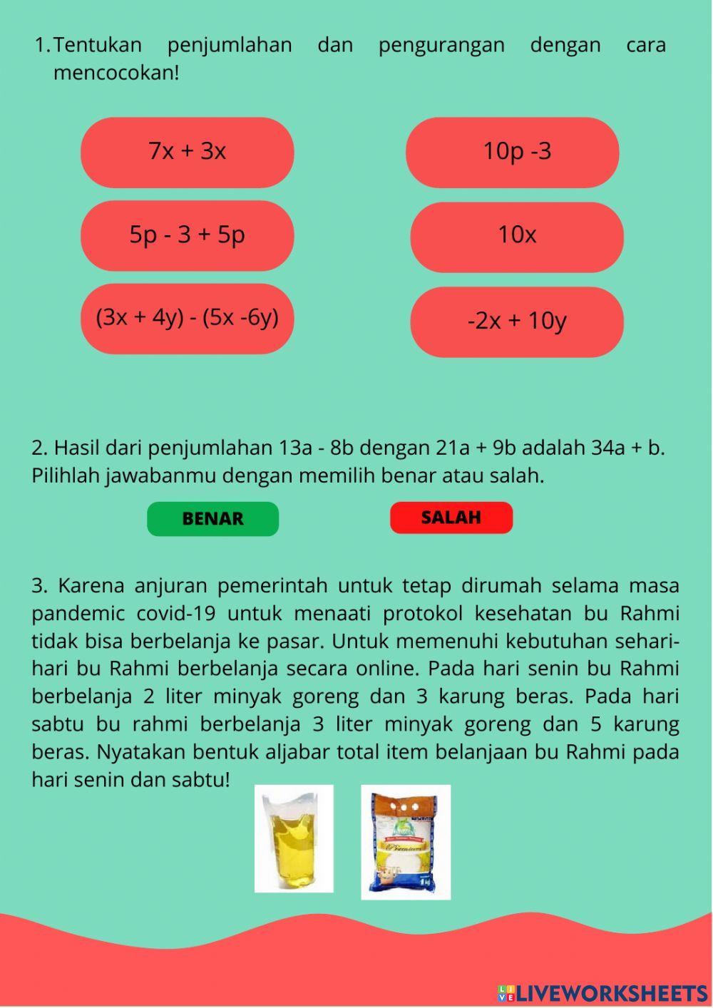 Penjumlahan dan Pengurangan Bentuk Aljabar