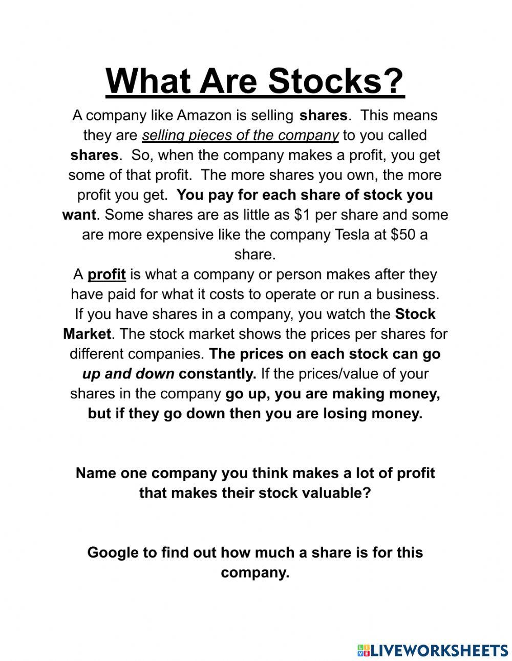 Stocks basics worksheet live worksheets