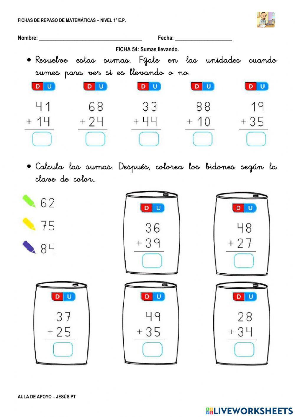 Ficha Matemáticas 54-1EP-Sumas llevando Ficha Matemáticas 54-1EP-Sumas llevando