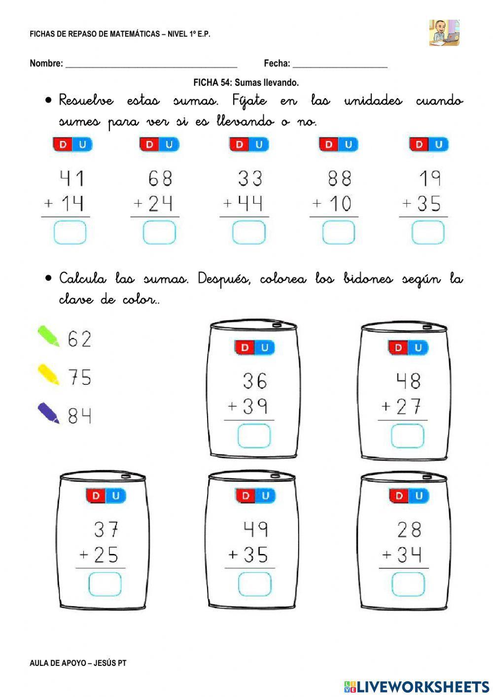 Ficha Matemáticas 54-1EP-Sumas llevando