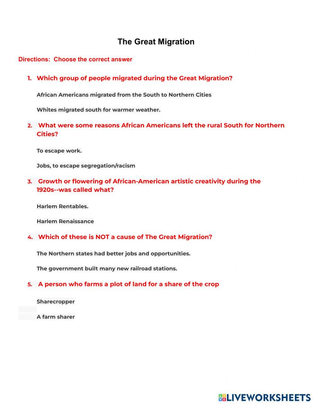 The Great Migration worksheet | Live Worksheets the-great-migration-worksheet-live-worksheets