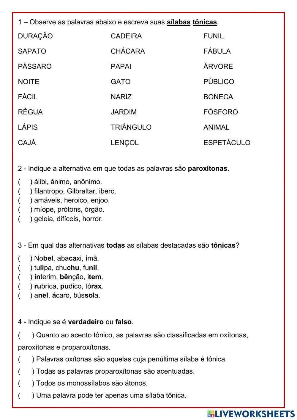 Sílabas tônicas… | Free Interactive Worksheets | 2199748, image size:1000x1413