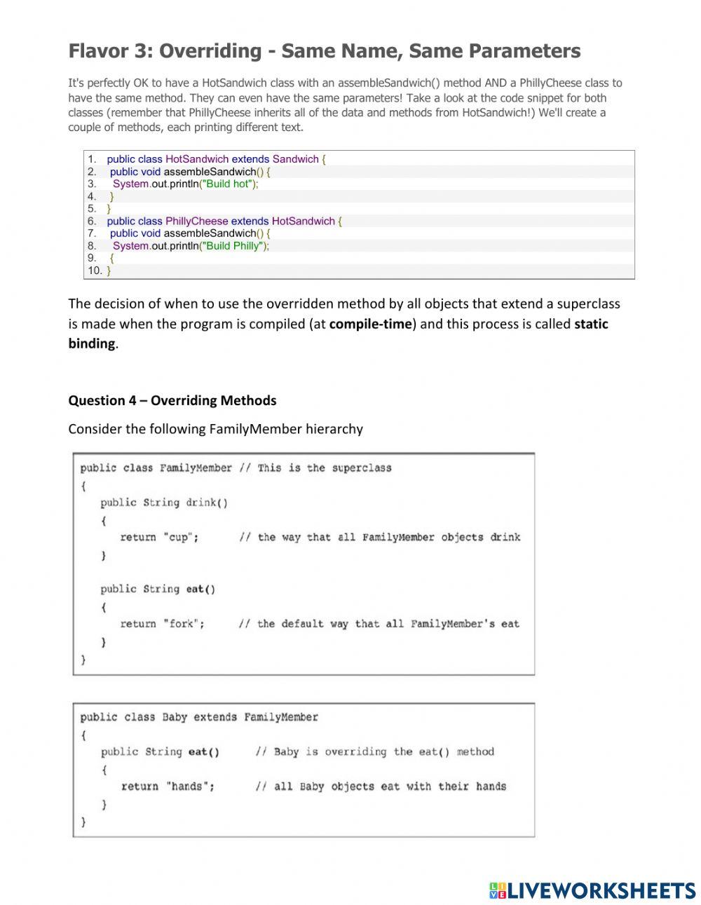 APCSA Inheritance Worksheet A online exercise for | Live Worksheets