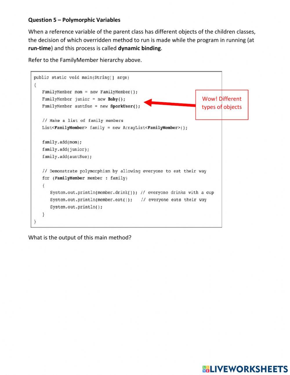 APCSA Inheritance Worksheet A online exercise for Live Worksheets