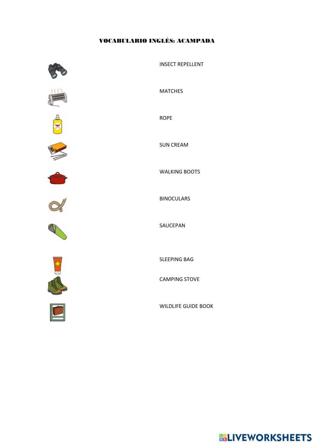 Vocabulario de inglés: acampada