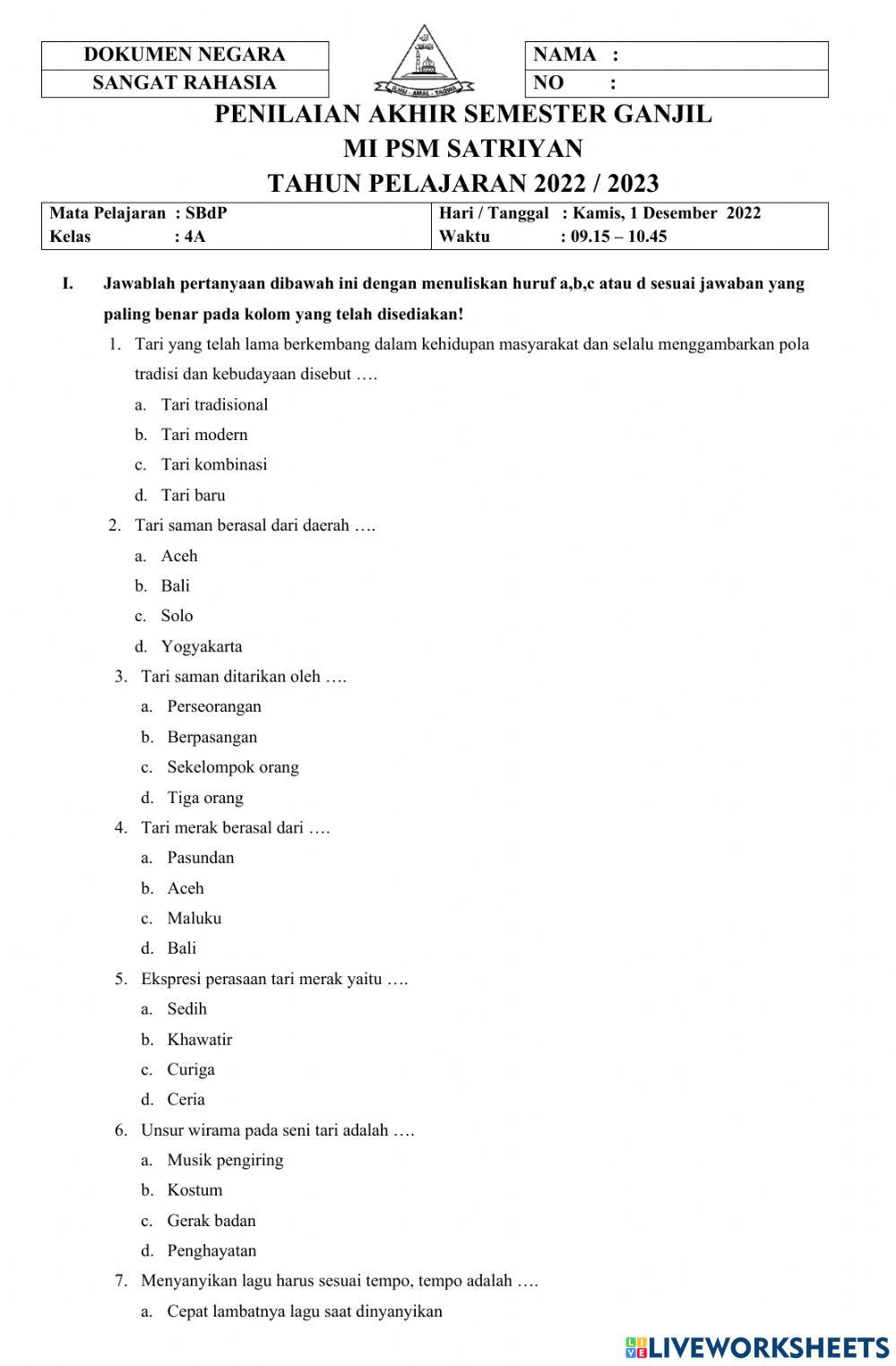 Soal PAS Ganjil SBdP 2022-2023