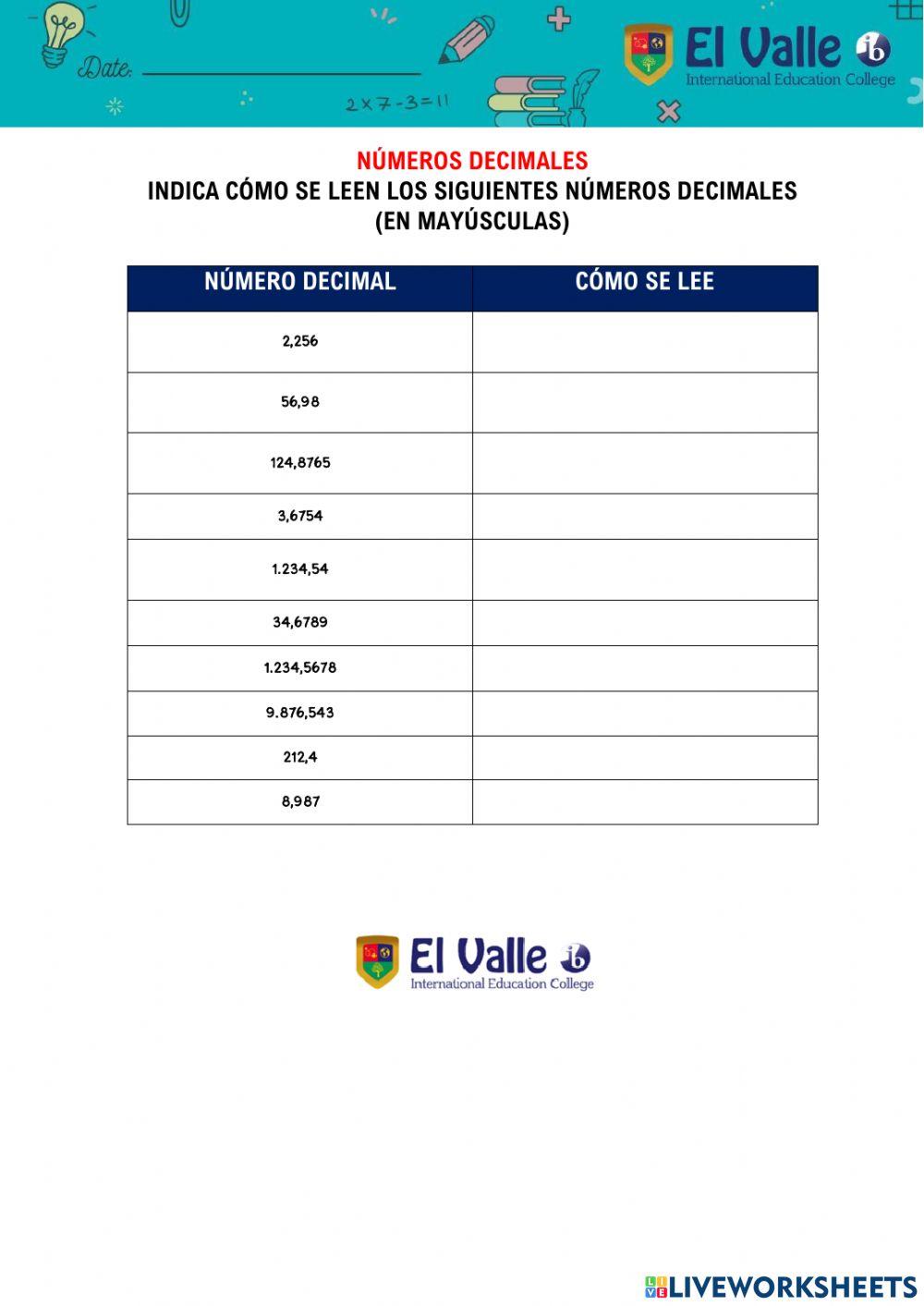 Lectura números con decimales