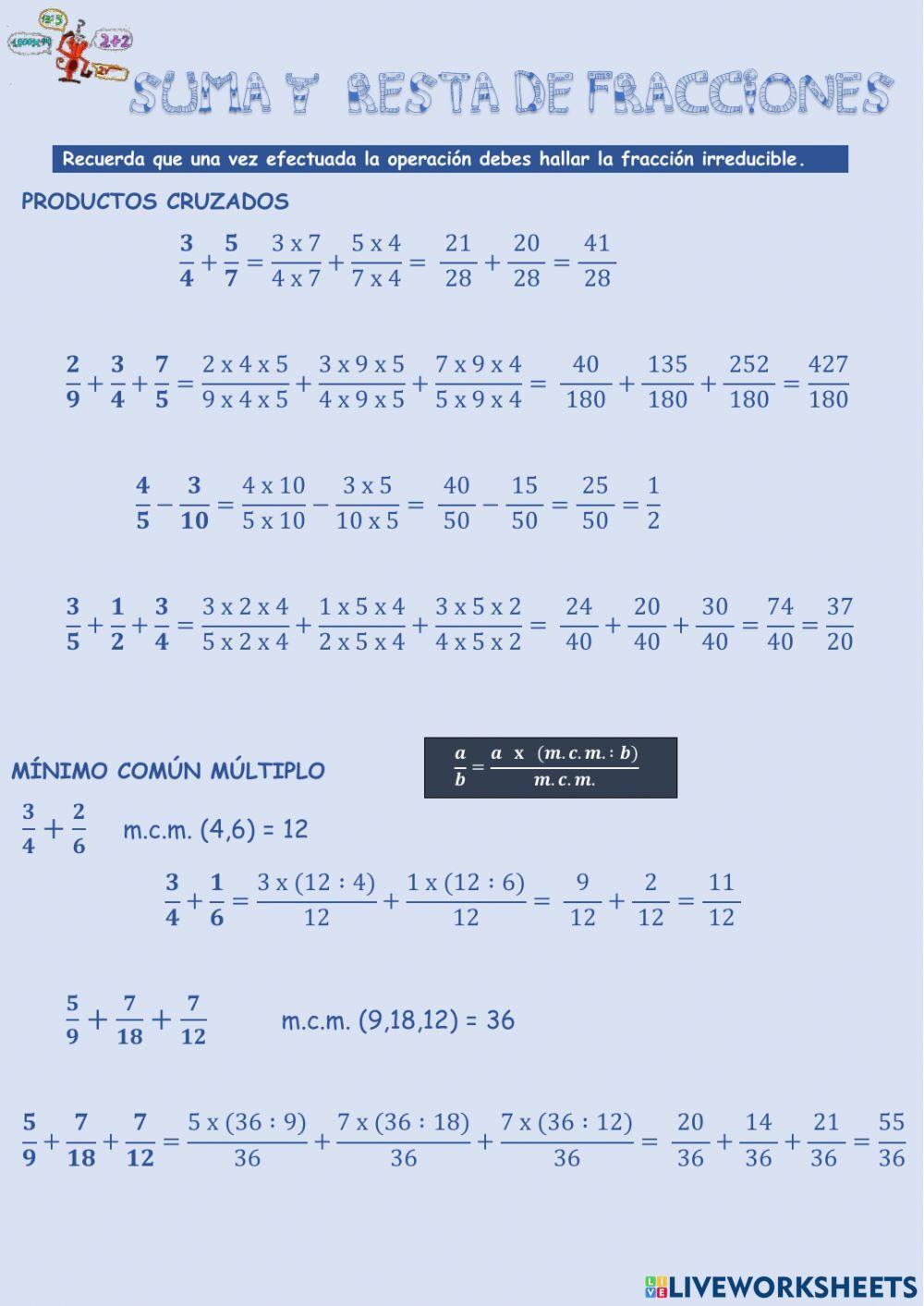 Sumar y restar fracciones con distinto denominador