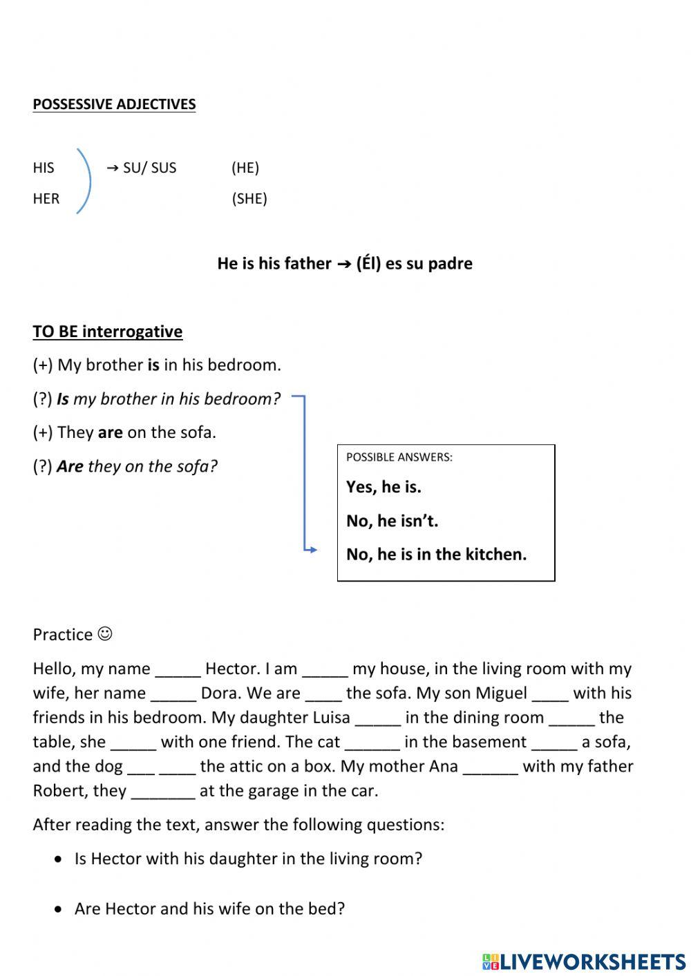 IN-ON-AT, parts of the house, HIS-HER, to be interrogative and negative + exercises