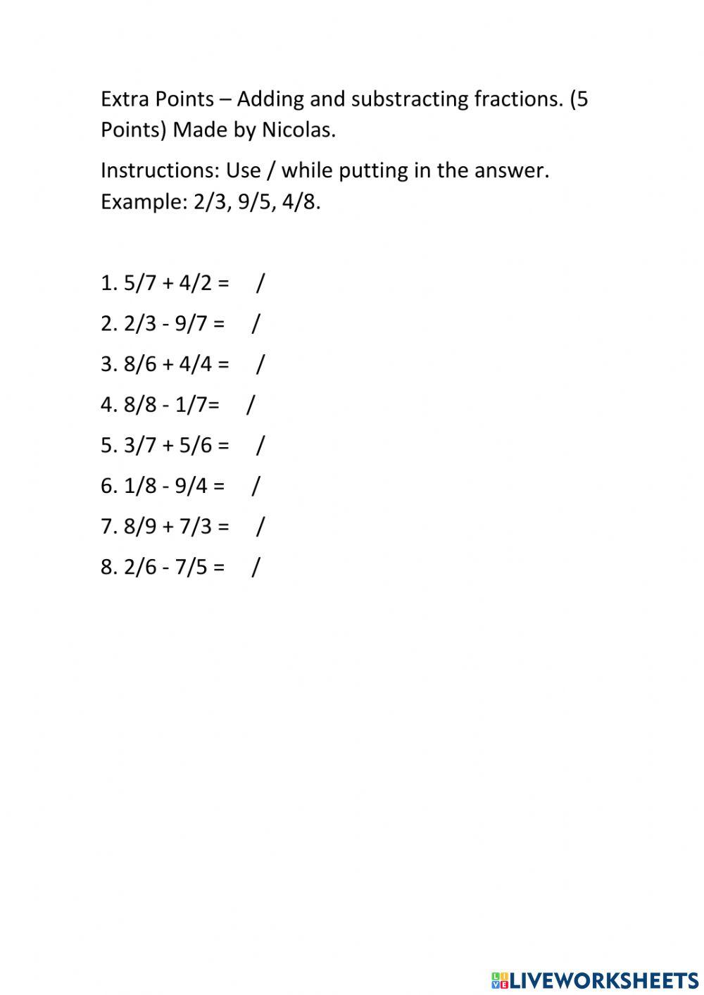 Extra Points - Adding and Substracting Fractions.