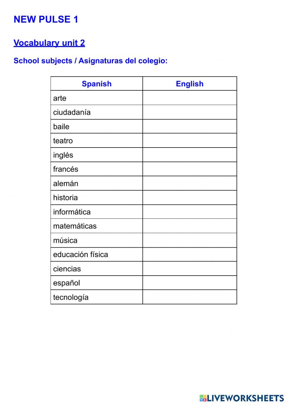 NEW PULSE 1 Unit 2 Vocabulary