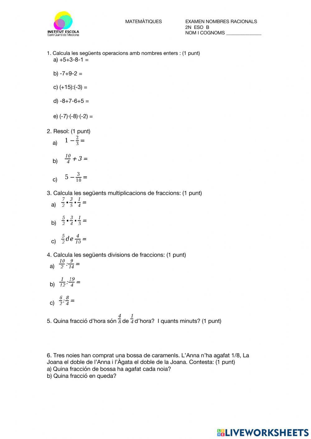 Examen de nombres enters i fraccions