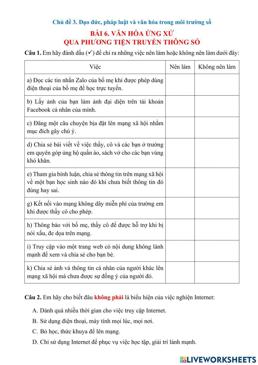 Tin 7 - Bài 6 - Văn hóa ứng xử qua phương tiện truyền thông số