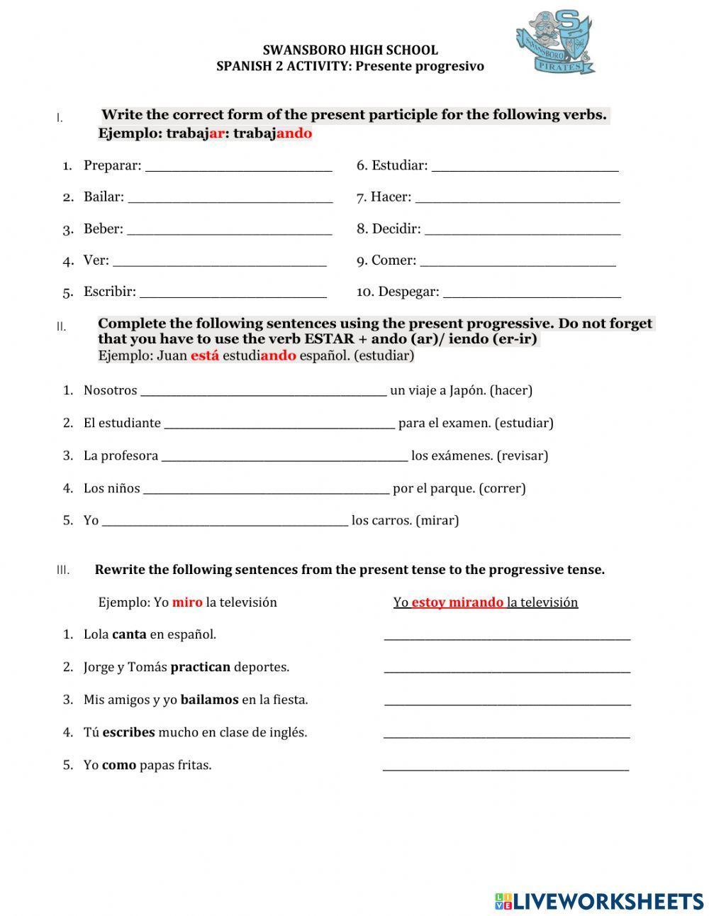 Presente progresivo online exercise for 9 12 Live Worksheets
