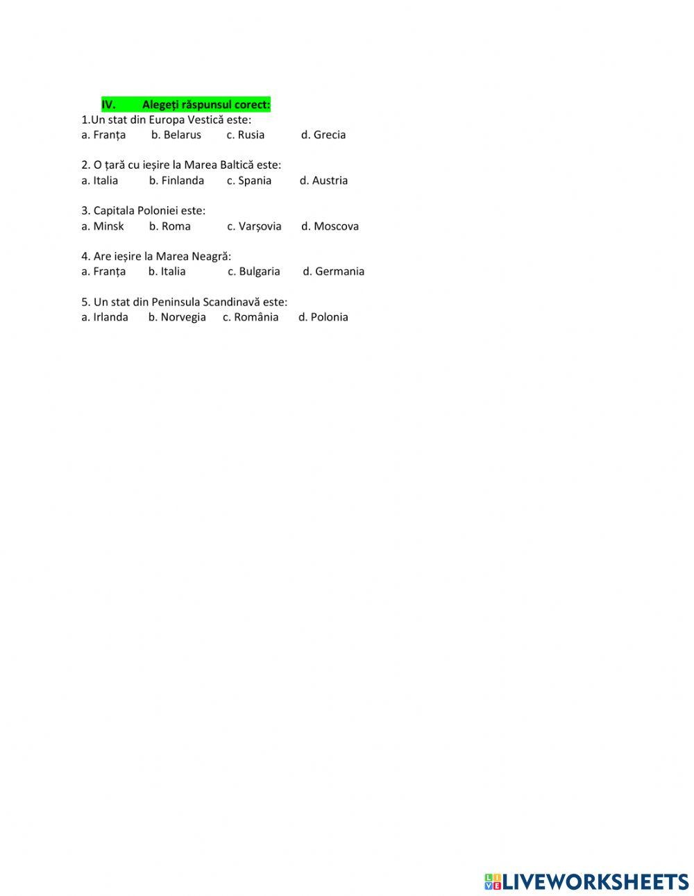 Harta politică a Europei-fișă de lucru