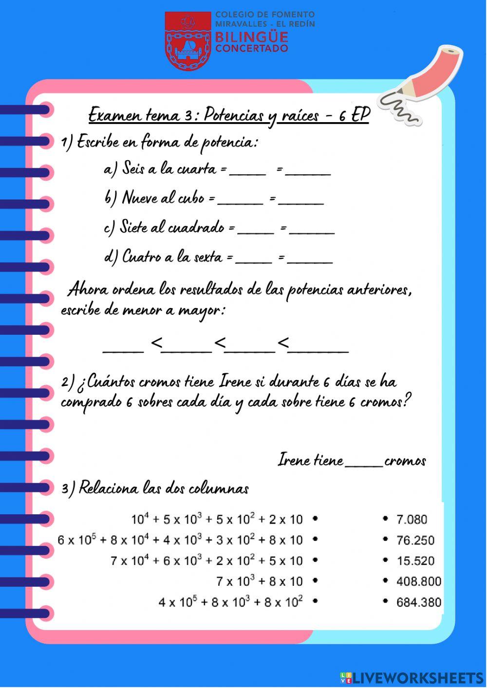 Potenciasyraices. Examen-SextoEP