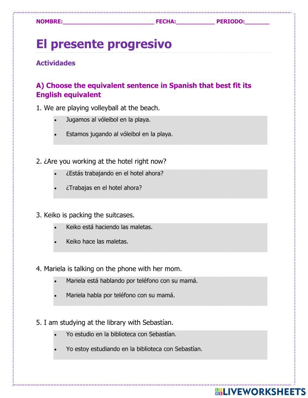 El presente progresivo online exercise for Live Worksheets