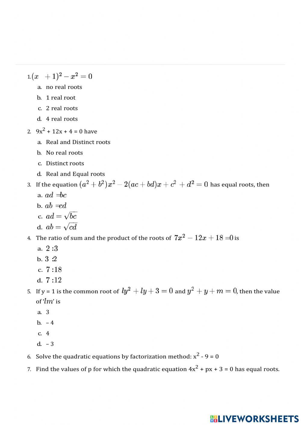 Quadratic equations interactive exercise | Live Worksheets