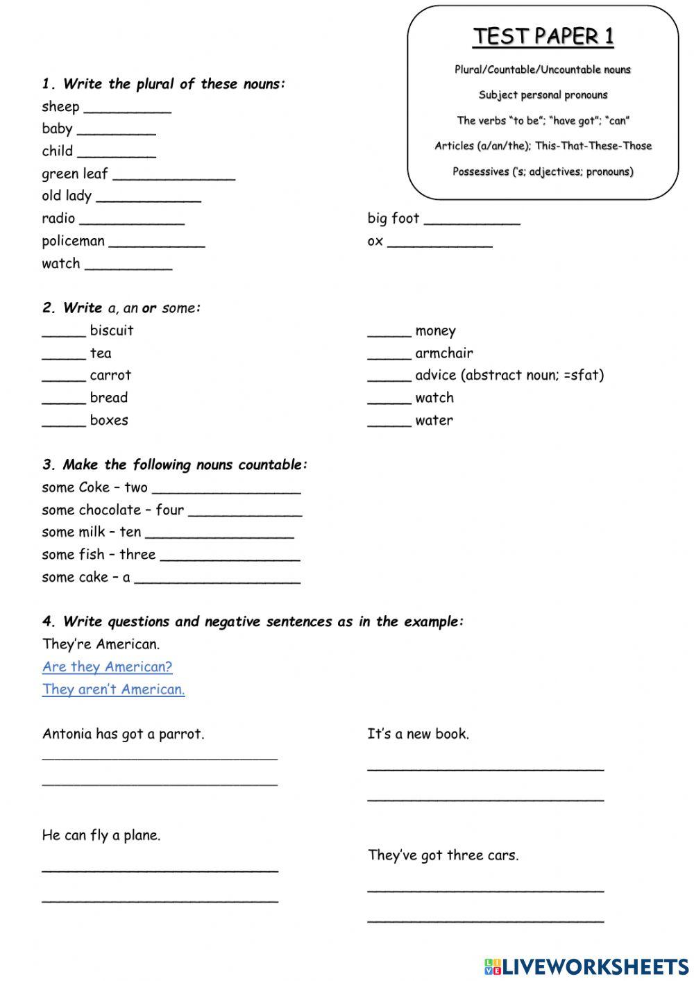 Test paper 1 worksheet | Live Worksheets
