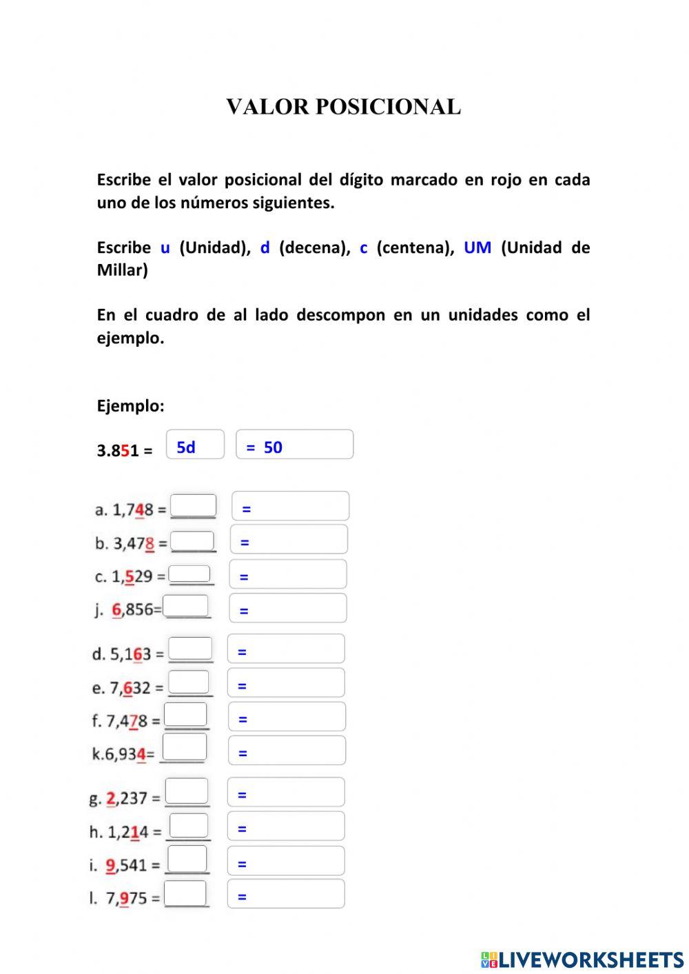 Valor posicional en números de 4 cifras