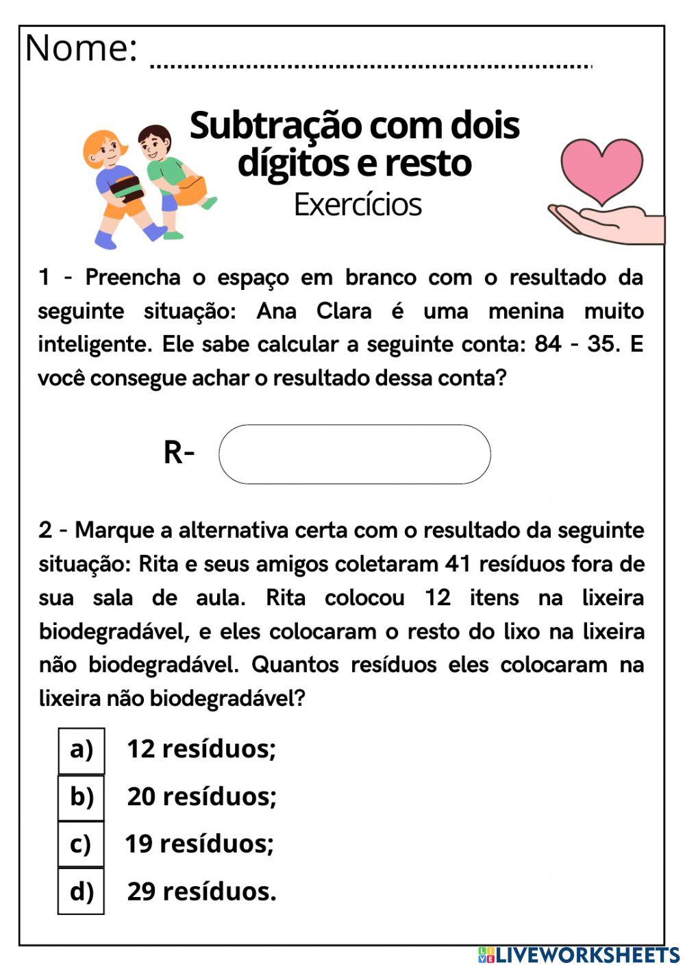 Subtração com dois dígitos e resto
