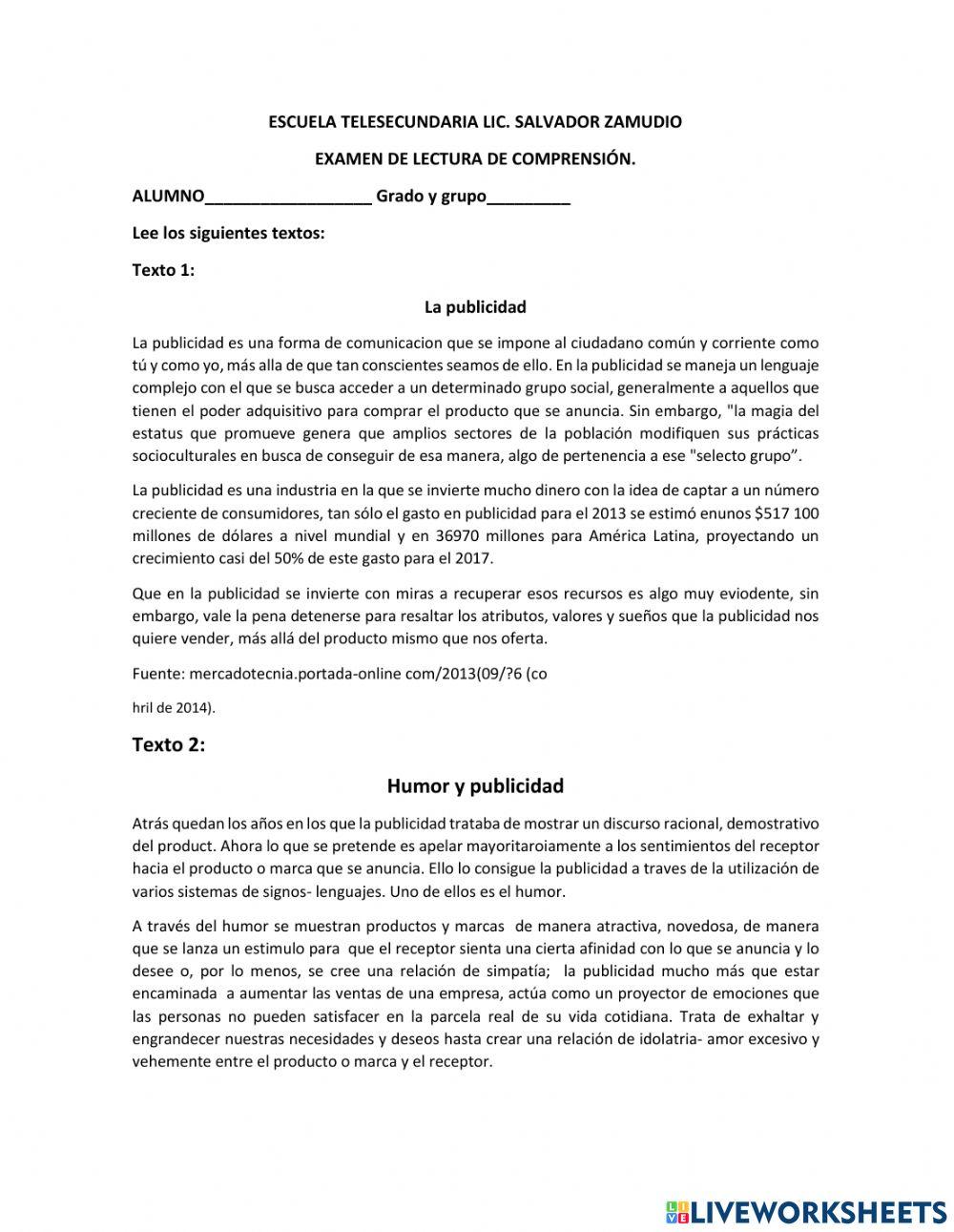 Primer examen de lectura de comprensión.