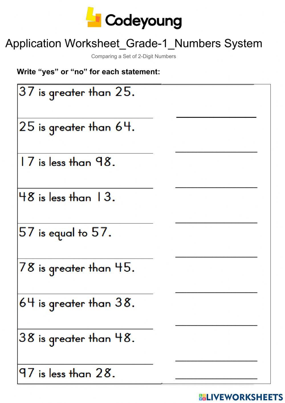 Comparing a Set of 2-Digit Numbers-Application Worksheet