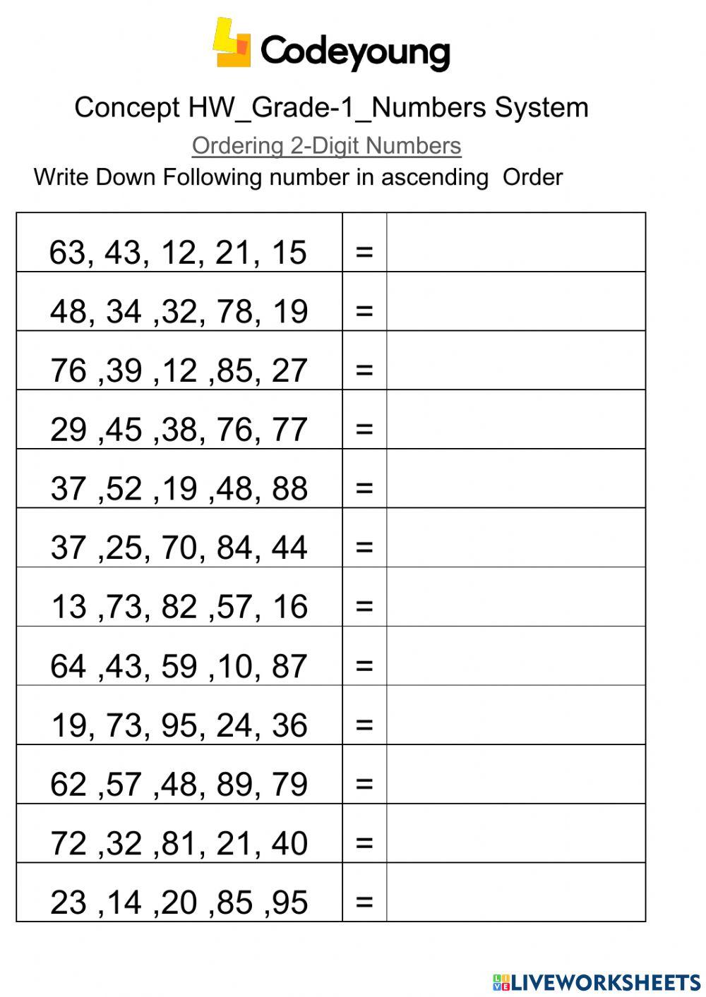 Ordering 2-Digit Numbers-Concept HW