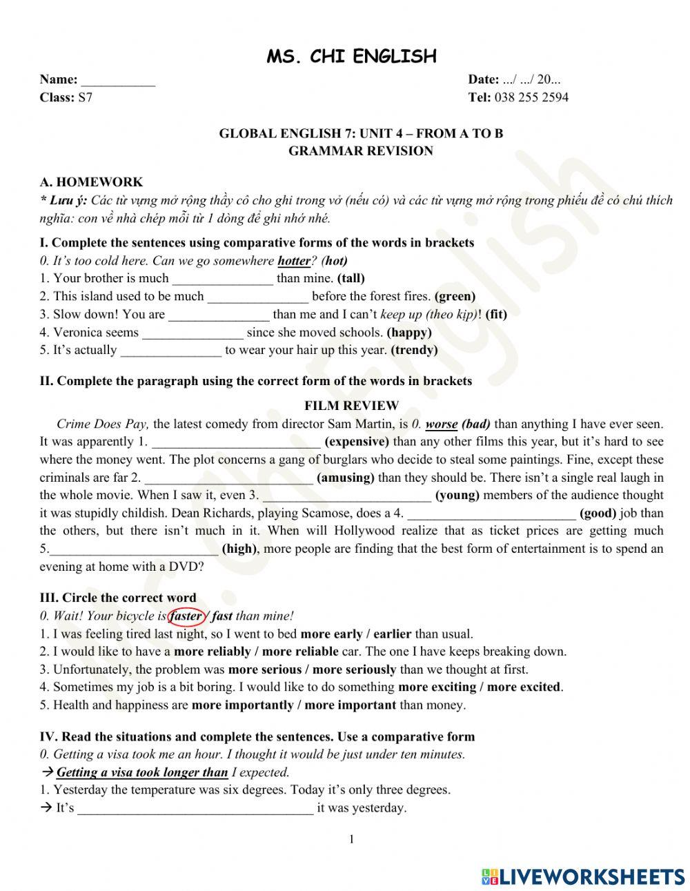 Viet Teacher - S7 - Week 13 - U4 - Grammar Revision