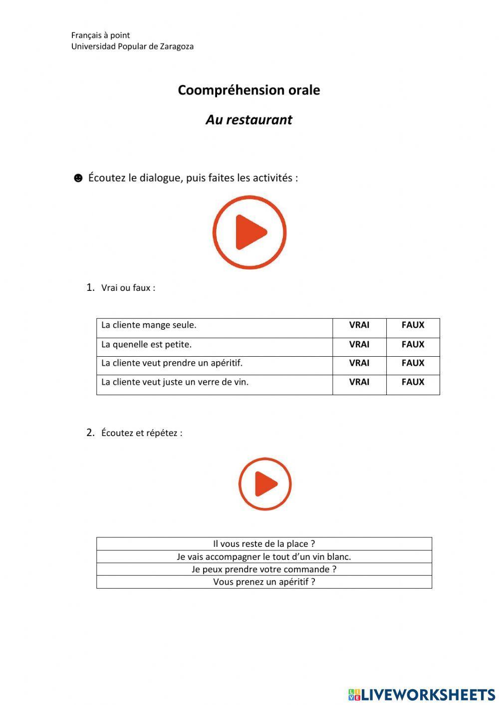 Au restaurant. Compréhension orale