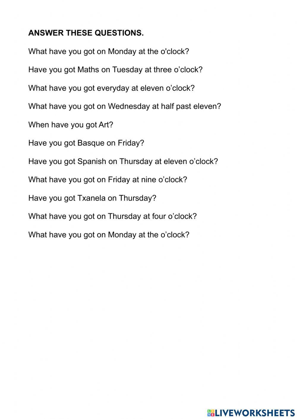 School subjects, a timetable.