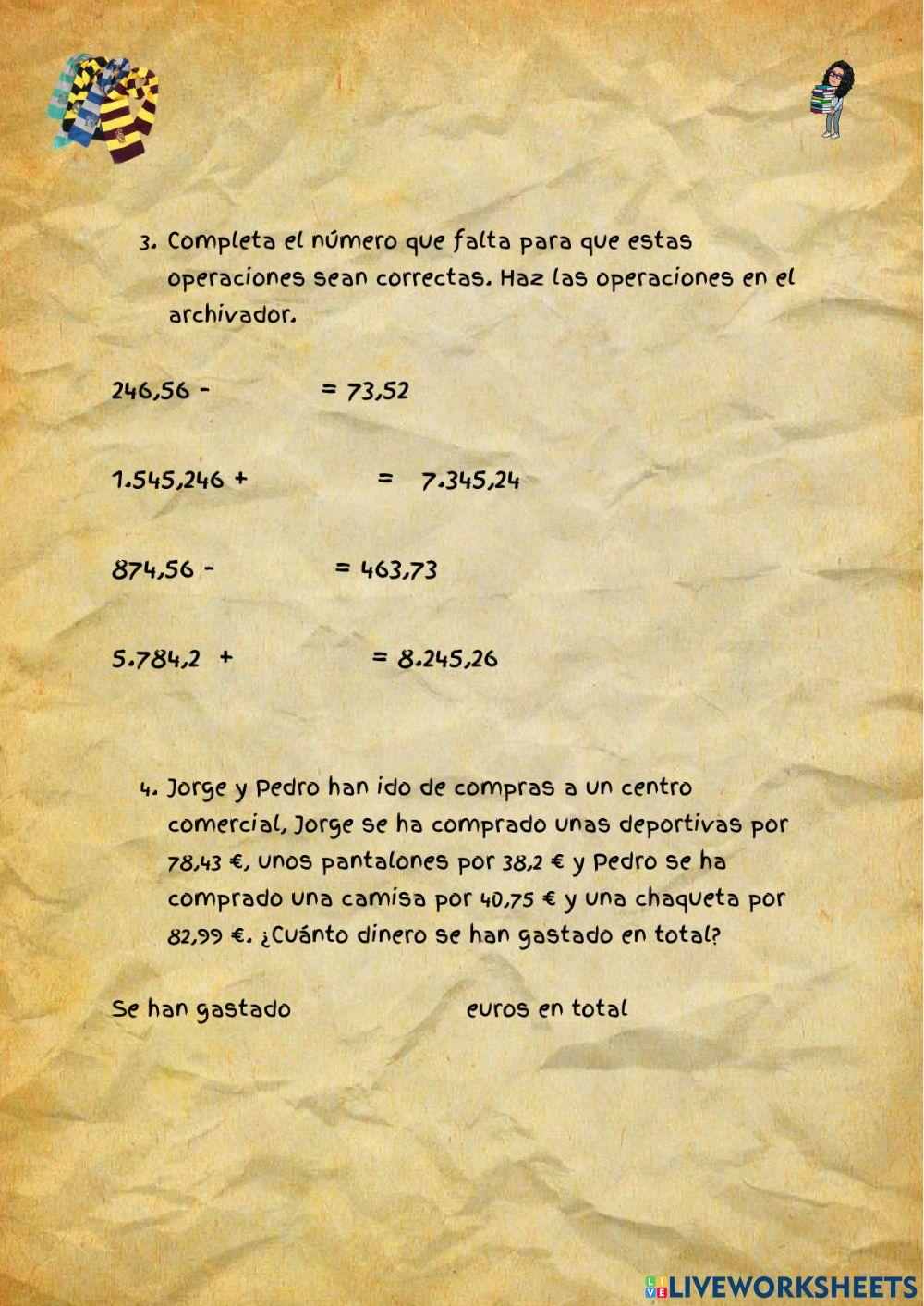 Operaciones decimales sumas y restas