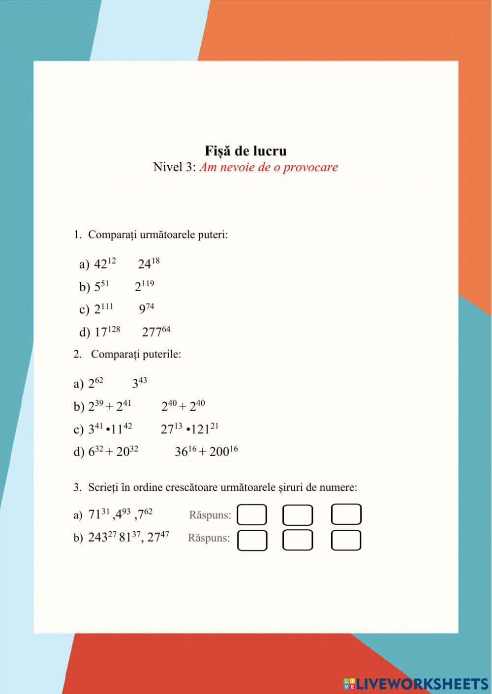 Fișa de lucru - Compararea puterilor - Nivel avansat