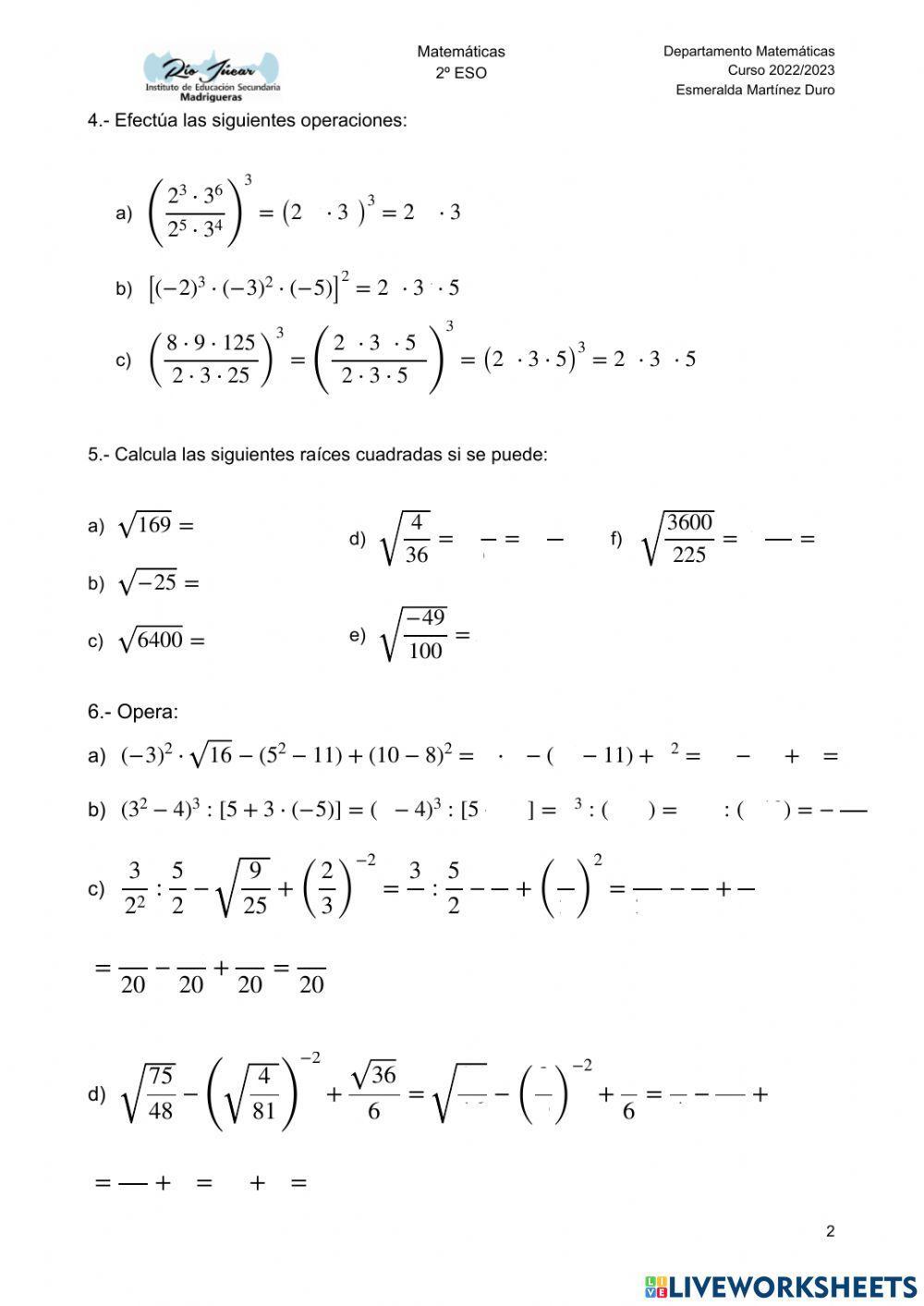 Potencias y raíces cuadradas II