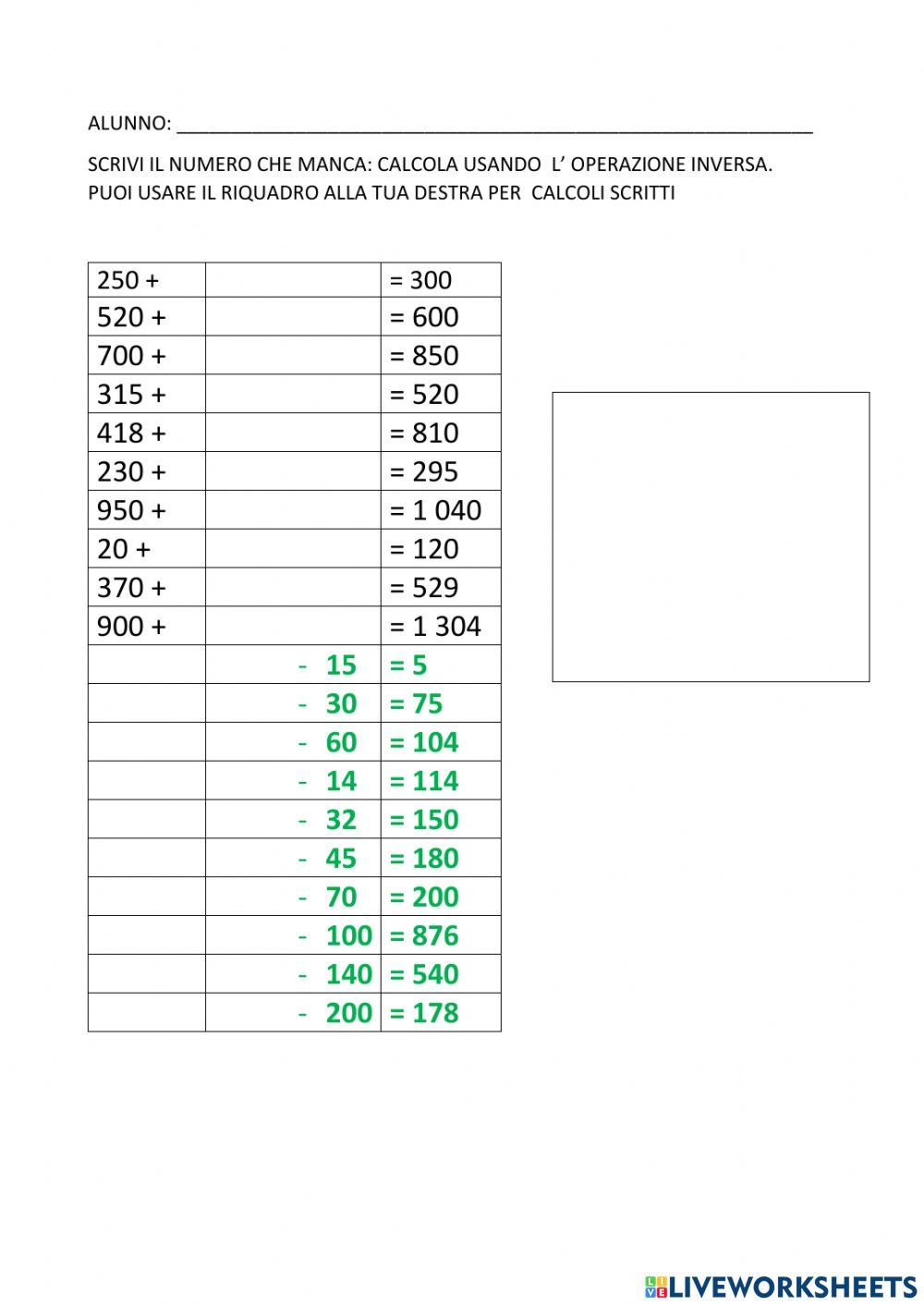 Addizioni e sottrazioni operazioni inverse