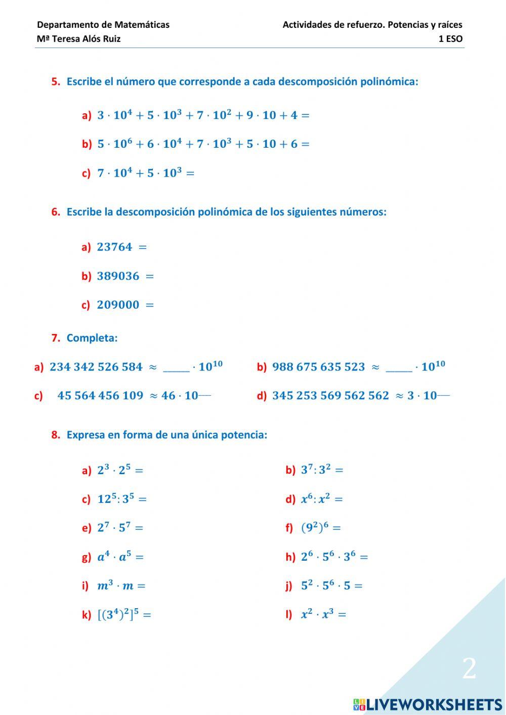 Actividades refuerzo potencias y raíces