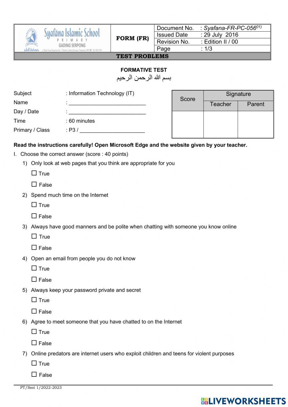 P3 Semester 1 Formative Test