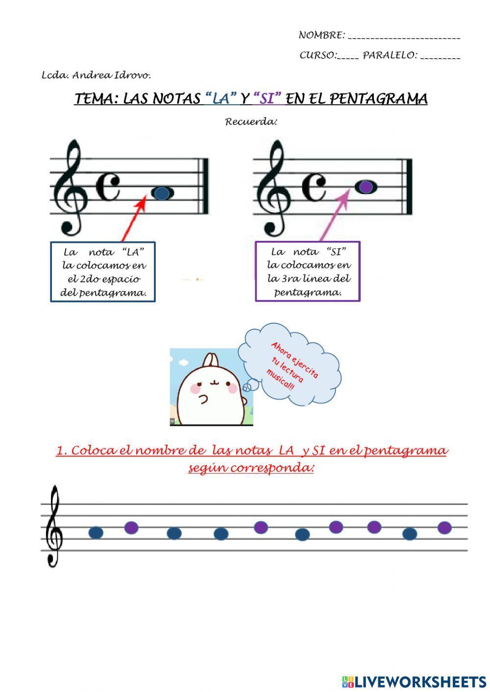 Las notas LA y SI  en clave de sol