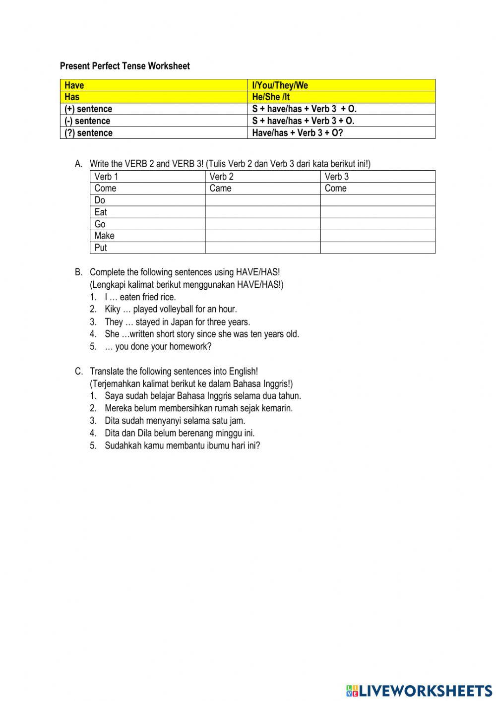 PRESENT PERFECT WORKSHEET online exercise for | Live Worksheets