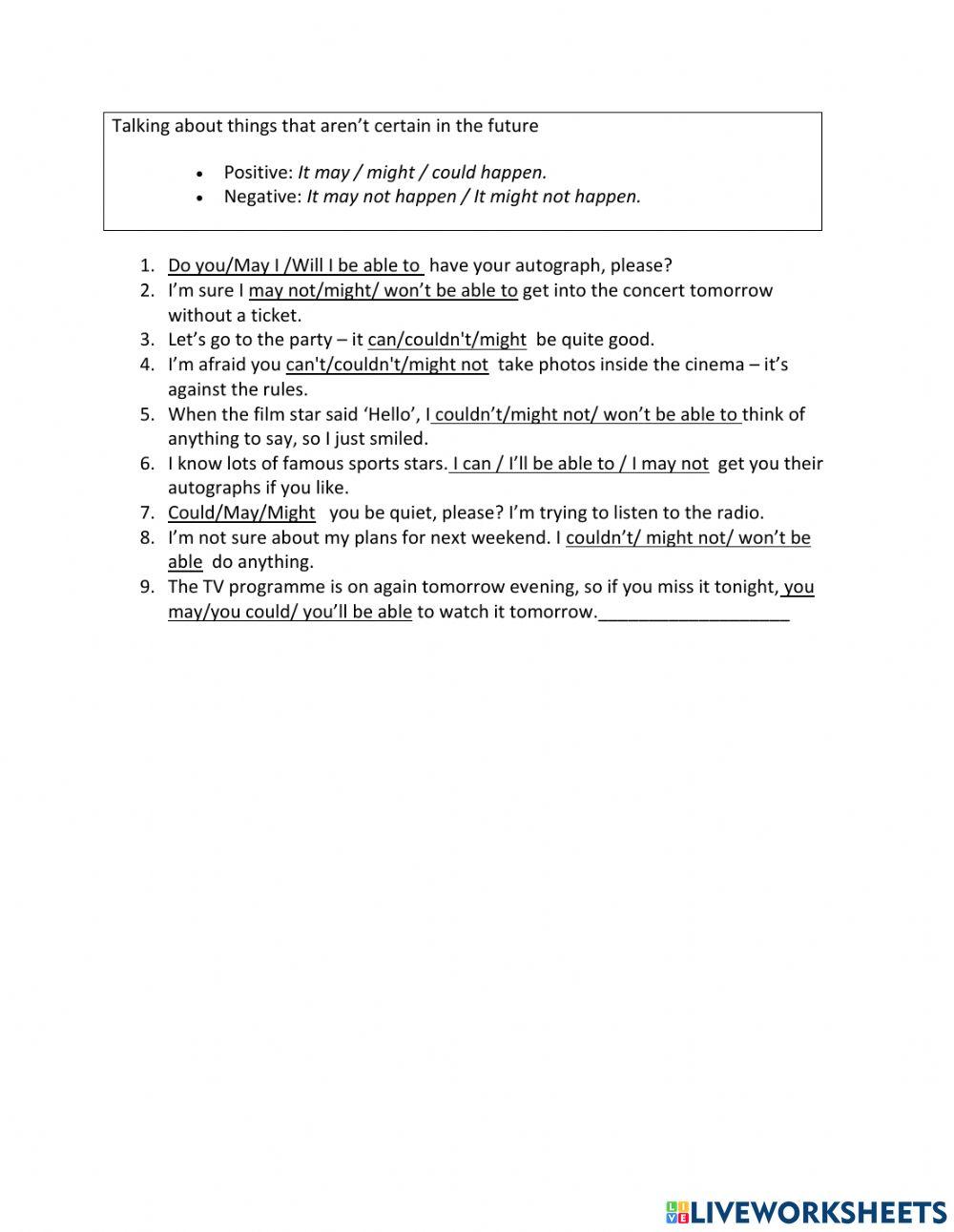 IE1, Unit 7, Vocab and Grammar, Exercise 9