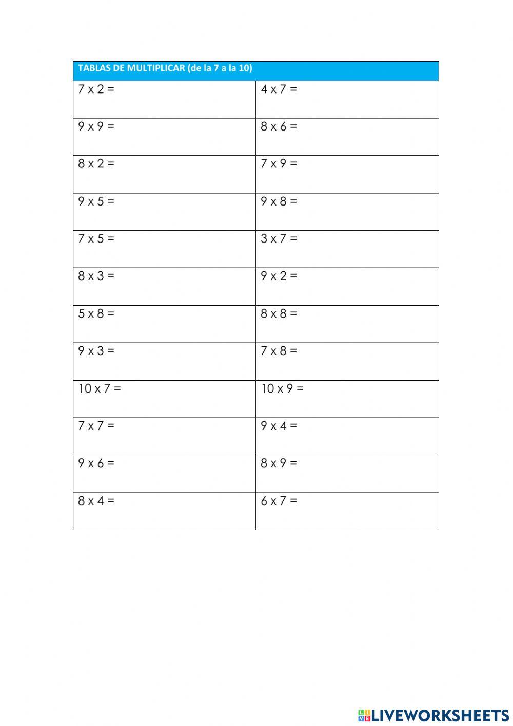 Tablas de multiplicar (de la 7  a la 10)