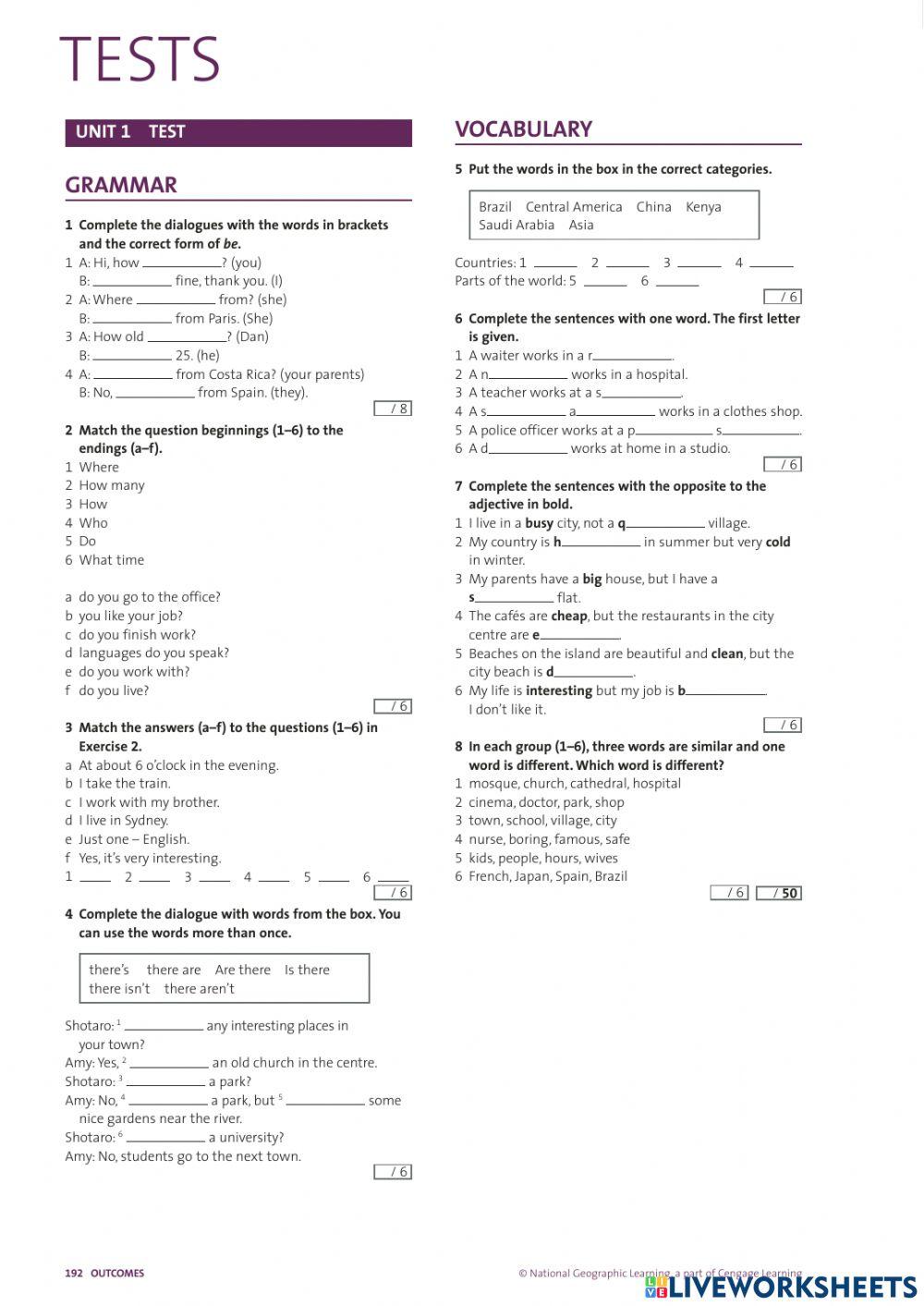 Outcomes, unit 1, test
