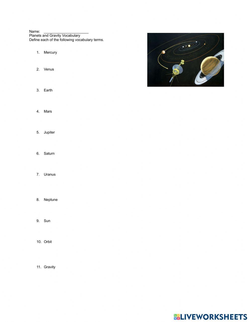 Planets and Gravity Vocabulary
