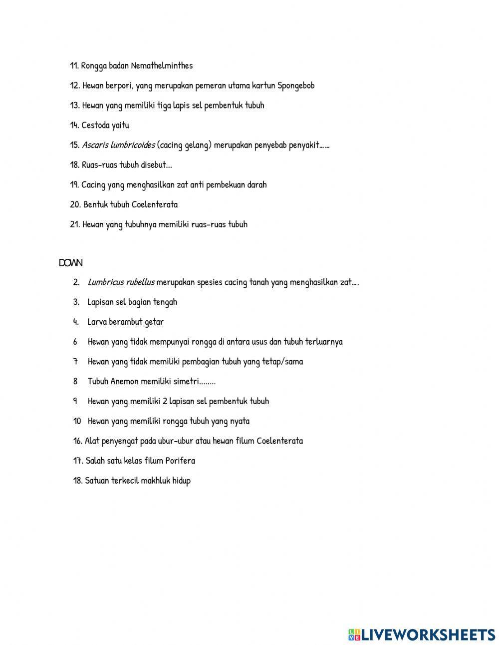 Teka-Teki Silang (TTS) Animalia Avertebrata