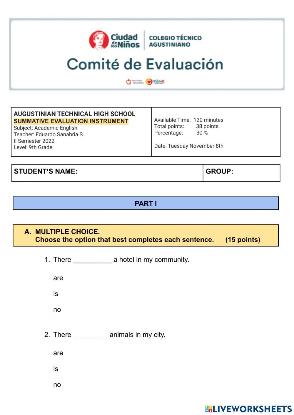 SUMMATIVE EVALUATION INSTRUMENT - II SEMESTER 2022 - 9th GRADE