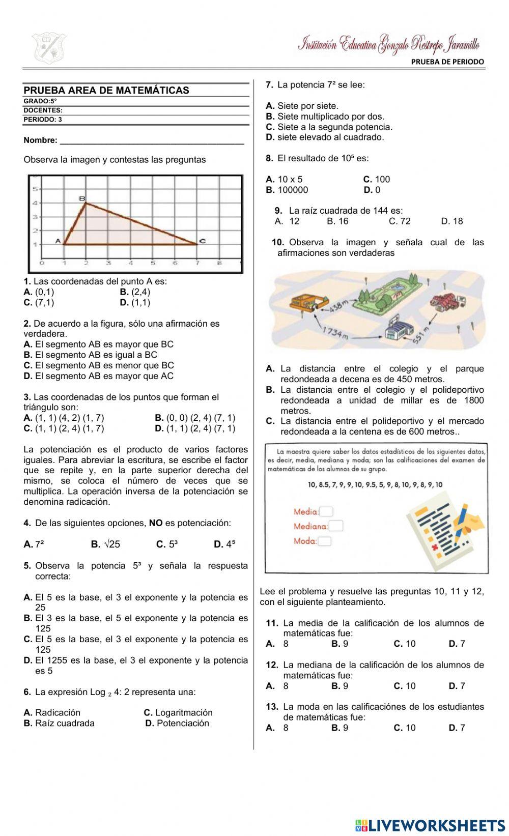 Prueba de periodo matemáticas