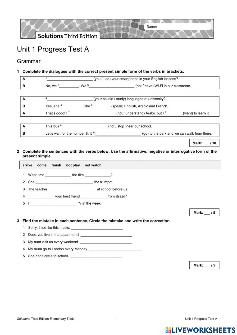 Unit 7 Progress Test A Answers - Unit 1 5Grade P… | Free Interactive Worksheets | 2205133