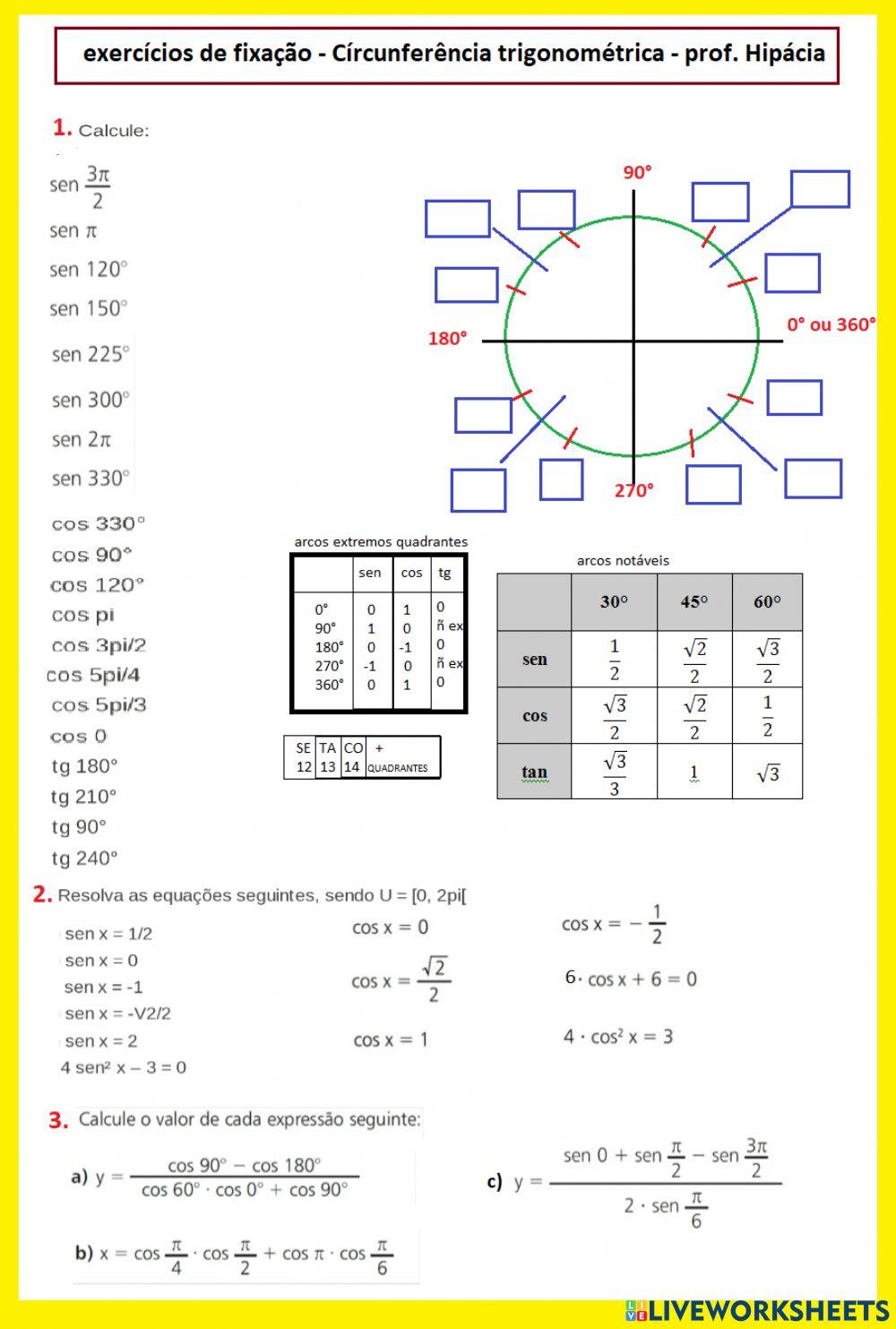 Exercício de círculo trigonométrico e ângulos congruos